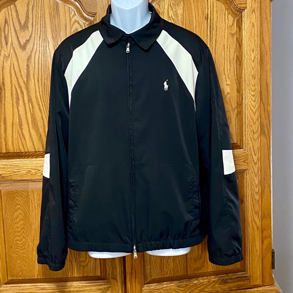 Polo Ralph Lauren Track Jacket Mens Large Black White Colorblock Full Zip Vtg